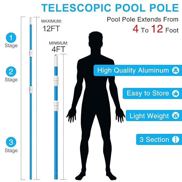 BLIKA Barra telescópica de aluminio azul de 12 pies, grosor de 1,30 mm, ajustable de 3 piezas de extensión de 4 a 3,6 m, fijar redes de skimmer, rastrillos, cepillos, cabezales de vacío con mangueras - Image 3
