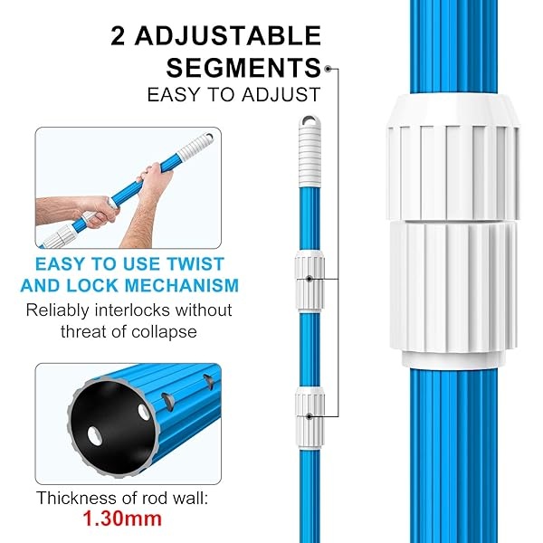 BLIKA Barra telescópica de aluminio azul de 12 pies, grosor de 1,30 mm, ajustable de 3 piezas de extensión de 4 a 3,6 m, fijar redes de skimmer, rastrillos, cepillos, cabezales de vacío con mangueras - Image 4