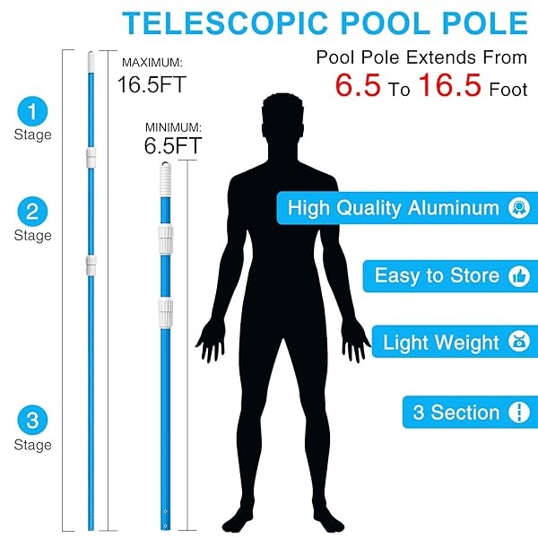 BLIKA Poste telescópico de aluminio azul de 16.5 pies, 1.30 mm de grosor, poste de piscina telescópico, postes de piscina para limpieza - Image 4