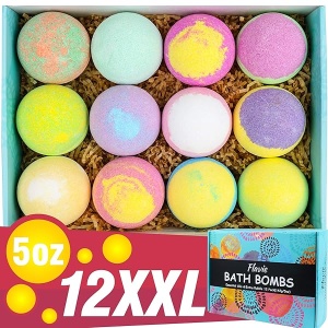Bath Bombs, Bubble Bath, Organic SPA Gift Set 12 Extra Large 5 OZ, Bath Salts, Coconut Oil, Flavie, Natural Fizzie Relaxing to Moisturize Dry Skin for Women, Kids, Girlfriend
