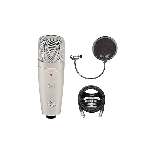 Behringer C-1 Micrófono condensador de diafragma grande para actuaciones en vivo y estudio de grabación en casa con cable Blucoil de 10 pies XLR equilibrado y parabrisas de filtro pop