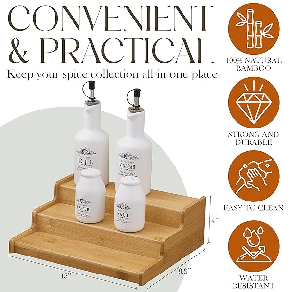 Bellemain Bamboo 3-Tier Spice Rack Countertop Organizer Cabinet Shelf Space Saver - Image 5