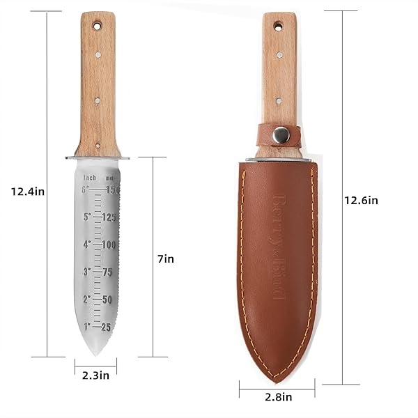 Berry&Bird Hori Hori - Cuchillo de jardín con hoja dentada de acero inoxidable de 7 pulgadas, herramienta de jardinería japonesa con funda de piel y piedra de afilar para desmalezar, excavar, cortar y plantar - Image 4