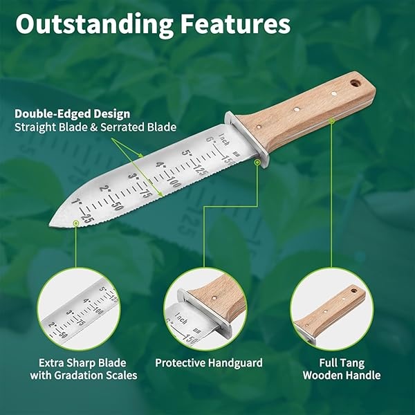 Berry&Bird Hori Hori - Cuchillo de jardín con hoja dentada de acero inoxidable de 7 pulgadas, herramienta de jardinería japonesa con funda de piel y piedra de afilar para desmalezar, excavar, cortar y plantar - Image 5