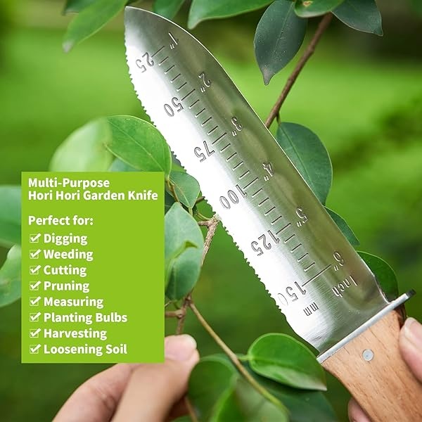 Berry&Bird Hori Hori - Cuchillo de jardín con hoja dentada de acero inoxidable de 7 pulgadas, herramienta de jardinería japonesa con funda de piel y piedra de afilar para desmalezar, excavar, cortar y plantar - Image 7