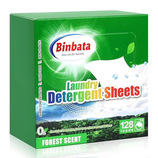 Binbata Hojas de detergente para lavandería, 64 piezas (128 cargas), hipoalergénicas, ecológicas, con aroma a bosque, sin plástico biodegradable, sin líquido, detergente adecuado para pieles sensibles