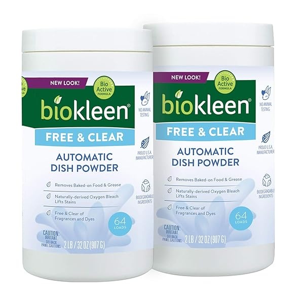 Biokleen Detergente para lavavajillas libre y claro, 128 cargas, sin polvo, concentrado, fosfato y cloro, respetuoso con el medio ambiente, sin fragancia artificial, colores o conservantes, el embalaje puede variar