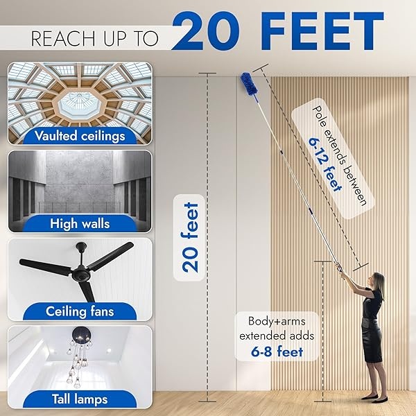 Blue Extension Rod Ceiling Duster with 5.5m - 6.1m Reach 3-Stage Aluminium Telescoping Pole - Cathedral, Cobweb, Microfiber, Ceilings Fan Duster Includes 2 Hand Dusting Kit - Image 3