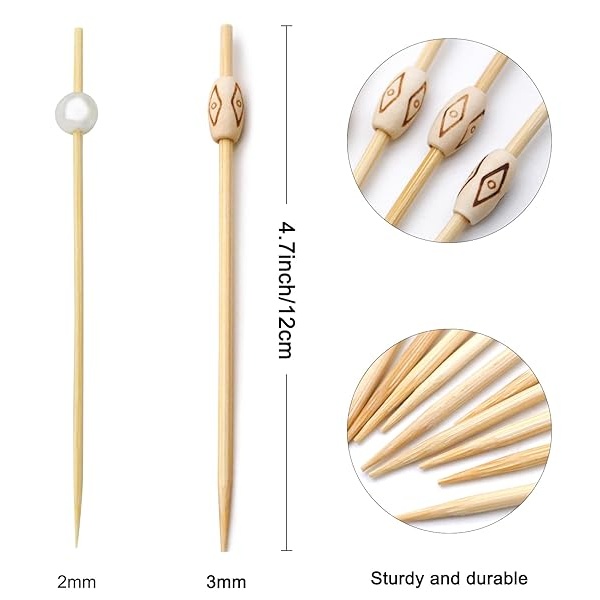 Blue Top 100 palillos ovalados de madera con perla para bebidas y alimentos, 10 cm, palillos de dientes decorativos de cóctel, palillos de madera para alimentos, palillos decorativos de bambú para fiestas, bar, eventos de hotel - Image 3