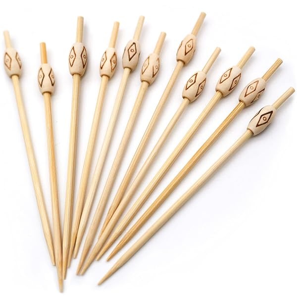 Blue Top 100 palillos ovalados de madera con perla para bebidas y alimentos, 10 cm, palillos de dientes decorativos de cóctel, palillos de madera para alimentos, palillos decorativos de bambú para fiestas, bar, eventos de hotel