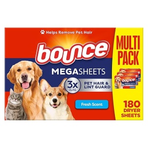 Bounce Láminas para secadora de pelo y pelusas para mascotas con 3 peleadores de pelo de mascotas, aroma fresco, 180 unidades