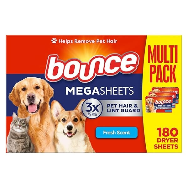 Bounce Láminas para secadora de pelo y pelusas para mascotas con 3 peleadores de pelo de mascotas, aroma fresco, 180 unidades
