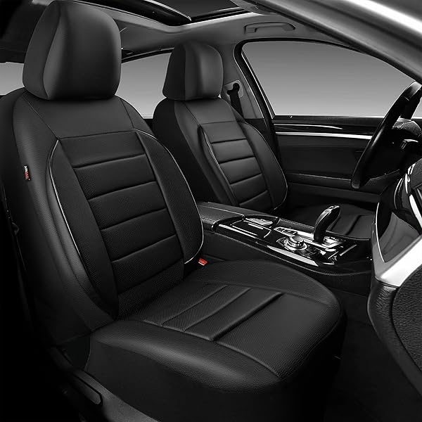 CAR PASS - Fundas de piel para asientos delanteros solamente, ajuste universal, interior del automóvil, impermeable, respaldo de espuma 3D, fundas de asiento de coche para camiones, furgonetas y SUV, compatibles con bolsas de aire, 2 piezas, color negro puro - Image 3
