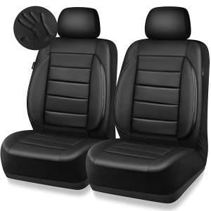 CAR PASS - Fundas de piel para asientos delanteros solamente, ajuste universal, interior del automóvil, impermeable, respaldo de espuma 3D, fundas de asiento de coche para camiones, furgonetas y SUV, compatibles con bolsas de aire, 2 piezas, color negro puro