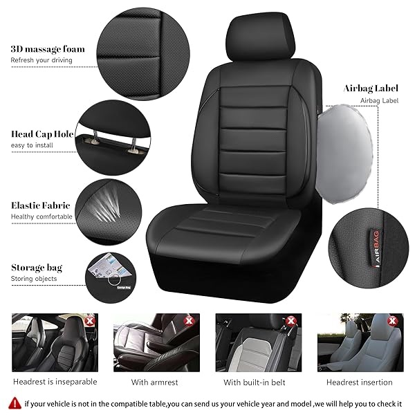 CAR PASS - Fundas de piel para asientos delanteros solamente, ajuste universal, interior del automóvil, impermeable, respaldo de espuma 3D, fundas de asiento de coche para camiones, furgonetas y SUV, compatibles con bolsas de aire, 2 piezas, color negro puro - Image 5