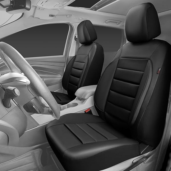 CAR PASS - Fundas de piel para asientos delanteros solamente, ajuste universal, interior del automóvil, impermeable, respaldo de espuma 3D, fundas de asiento de coche para camiones, furgonetas y SUV, compatibles con bolsas de aire, 2 piezas, color negro puro - Image 8