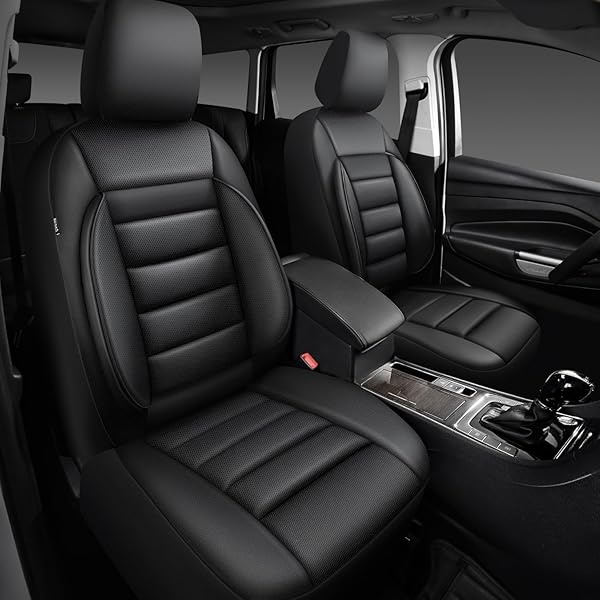 CAR PASS - Fundas de piel para asientos delanteros solamente, ajuste universal, interior del automóvil, impermeable, respaldo de espuma 3D, fundas de asiento de coche para camiones, furgonetas y SUV, compatibles con bolsas de aire, 2 piezas, color negro puro - Image 9