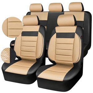 CAR PASS - Juego completo de fundas de asiento de piel universales resistentes al agua, apoyo trasero de espuma 3D, fundas de lujo cómodas para automóviles para todas las estaciones, ajuste para SUV,