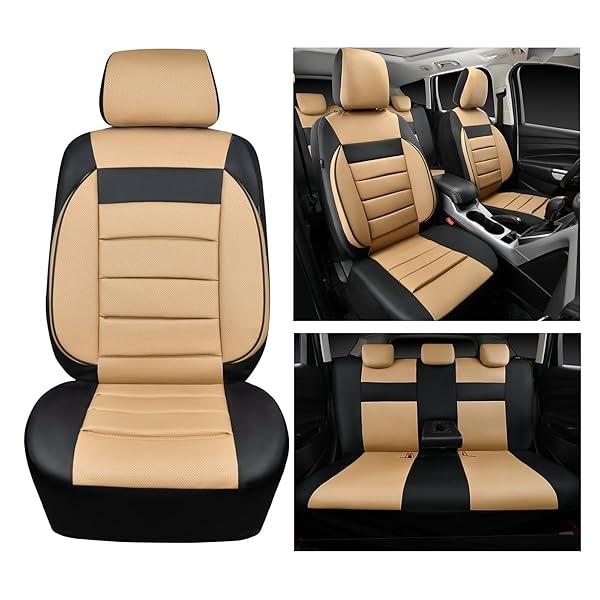 CAR PASS - Juego completo de fundas de asiento de piel universales resistentes al agua, apoyo trasero de espuma 3D, fundas de lujo cómodas para automóviles para todas las estaciones, ajuste para SUV, - Image 8