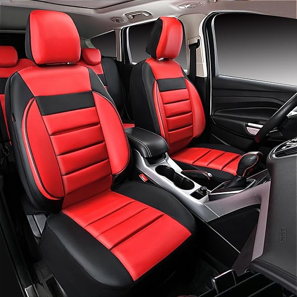 CAR PASS - Juego completo de fundas de asiento de piel universales resistentes al agua, apoyo trasero de espuma 3D, fundas de lujo cómodas para automóviles para todas las estaciones, ajuste para SUV, sedán, furgoneta, airbag compatible con elegancia (negro rojo) - Image 3