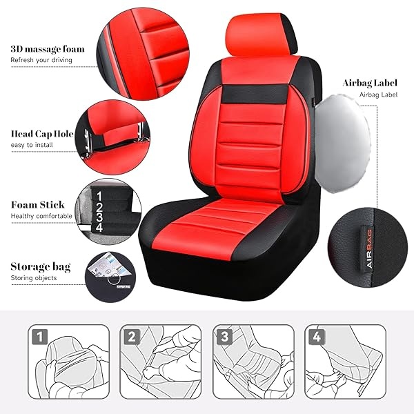 CAR PASS - Juego completo de fundas de asiento de piel universales resistentes al agua, apoyo trasero de espuma 3D, fundas de lujo cómodas para automóviles para todas las estaciones, ajuste para SUV, sedán, furgoneta, airbag compatible con elegancia (negro rojo) - Image 4