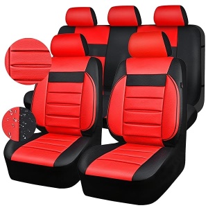 CAR PASS - Juego completo de fundas de asiento de piel universales resistentes al agua, apoyo trasero de espuma 3D, fundas de lujo cómodas para automóviles para todas las estaciones, ajuste para SUV, sedán, furgoneta, airbag compatible con elegancia (negro rojo)