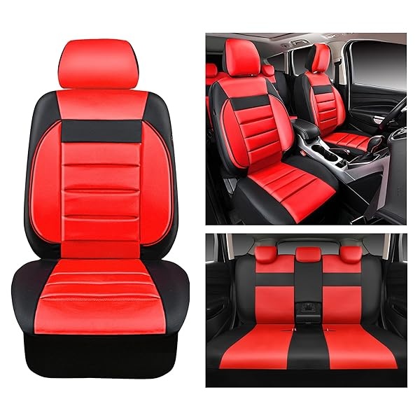 CAR PASS - Juego completo de fundas de asiento de piel universales resistentes al agua, apoyo trasero de espuma 3D, fundas de lujo cómodas para automóviles para todas las estaciones, ajuste para SUV, sedán, furgoneta, airbag compatible con elegancia (negro rojo) - Image 5