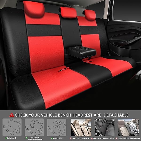 CAR PASS - Juego completo de fundas de asiento de piel universales resistentes al agua, apoyo trasero de espuma 3D, fundas de lujo cómodas para automóviles para todas las estaciones, ajuste para SUV, sedán, furgoneta, airbag compatible con elegancia (negro rojo) - Image 6