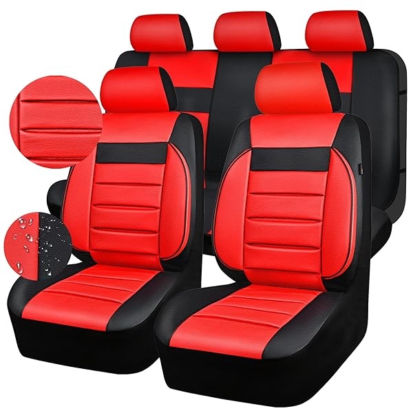 CAR PASS - Juego completo de fundas de asiento de piel universales resistentes al agua, apoyo trasero de espuma 3D, fundas de lujo cómodas para automóviles para todas las estaciones, ajuste para SUV, sedán, furgoneta, airbag compatible con elegancia (negro rojo)
