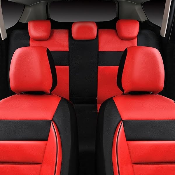 CAR PASS - Juego completo de fundas de asiento de piel universales resistentes al agua, apoyo trasero de espuma 3D, fundas de lujo cómodas para automóviles para todas las estaciones, ajuste para SUV, sedán, furgoneta, airbag compatible con elegancia (negro rojo) - Image 8
