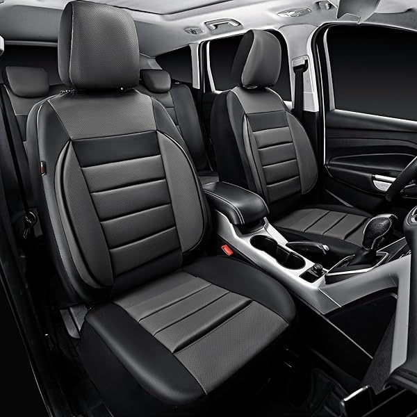 CAR PASS - Juego completo de fundas de asiento de piel universales resistentes al agua, apoyo trasero de espuma 3D, fundas de lujo cómodas para automóviles para todas las estaciones, ajuste para SUV, sedán, furgoneta, elegancia compatible con airbag (gris negro) - Image 3