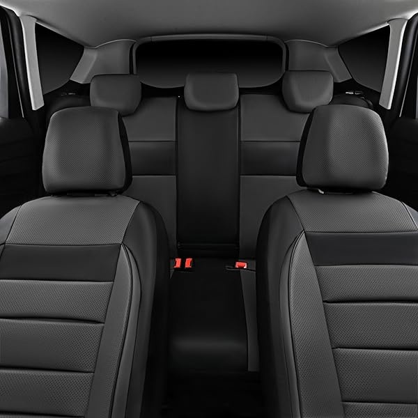 CAR PASS - Juego completo de fundas de asiento de piel universales resistentes al agua, apoyo trasero de espuma 3D, fundas de lujo cómodas para automóviles para todas las estaciones, ajuste para SUV, sedán, furgoneta, elegancia compatible con airbag (gris negro) - Image 4