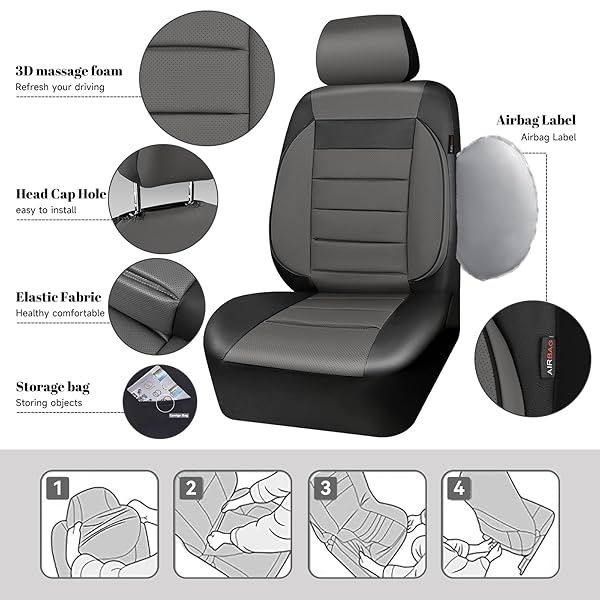 CAR PASS - Juego completo de fundas de asiento de piel universales resistentes al agua, apoyo trasero de espuma 3D, fundas de lujo cómodas para automóviles para todas las estaciones, ajuste para SUV, sedán, furgoneta, elegancia compatible con airbag (gris negro) - Image 5