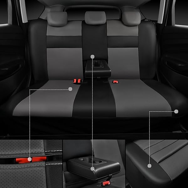 CAR PASS - Juego completo de fundas de asiento de piel universales resistentes al agua, apoyo trasero de espuma 3D, fundas de lujo cómodas para automóviles para todas las estaciones, ajuste para SUV, sedán, furgoneta, elegancia compatible con airbag (gris negro) - Image 6