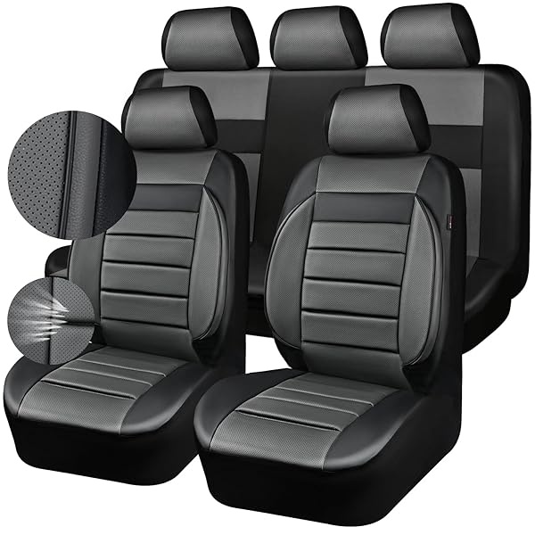 CAR PASS - Juego completo de fundas de asiento de piel universales resistentes al agua, apoyo trasero de espuma 3D, fundas de lujo cómodas para automóviles para todas las estaciones, ajuste para SUV, sedán, furgoneta, elegancia compatible con airbag (gris negro)