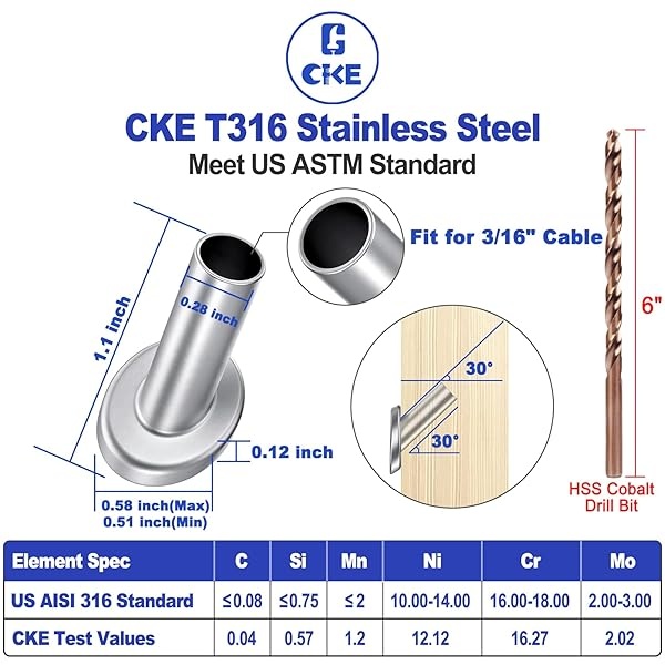 CKE 40 piezas de ángulo de 30 grados para barandilla de cable de 5/32 pulgadas, 3/16 pulgadas, protector de poste de madera de acero inoxidable de grado marino T316 con broca - Image 3