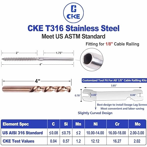 CKE Paquete de 24 tornillos de retraso basculante izquierdo y derecho para barandilla de cable de 1/8 pulgadas, T316 de acero inoxidable para barandilla de escalera y poste de madera para balaustres verticales horizontales (12 pares) - Image 4