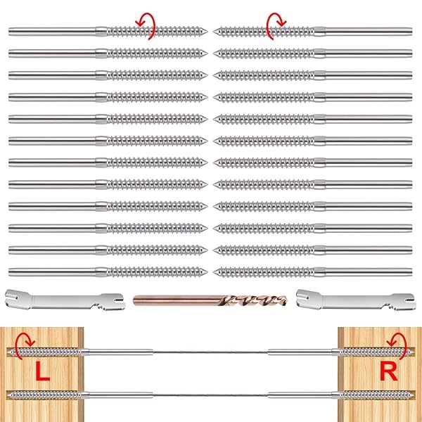 CKE Paquete de 24 tornillos de retraso basculante izquierdo y derecho para barandilla de cable de 1/8 pulgadas, T316 de acero inoxidable para barandilla de escalera y poste de madera para balaustres verticales horizontales (12 pares)