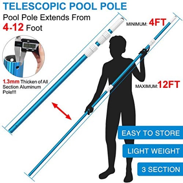 CKE Poste telescópico de aluminio azul de 1,3 mm de grosor, ajustable de 3 piezas, ampliable escalón, conectar redes de skimmer, rastrillos, cepillos, cabezales de vacío con mangueras, universal de 3,1 cm - Image 3
