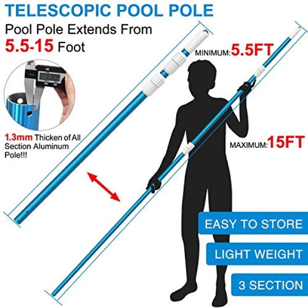 CKE Poste telescópico de aluminio azul de 1,3 mm de grosor, ajustable de 3 piezas, ampliable escalón, conectar redes de skimmer, rastrillos, cepillos, cabezales de vacío con mangueras, universal de 3,1 cm - Image 3