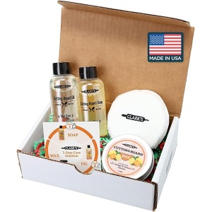 CLARK'S Juego de regalo para el cuidado de la tabla de cortar, jabón, aceite, cera y almohadilla de pulido. Enriquecido con aceites de naranja y limón. Tamaños pequeños para un gran impacto