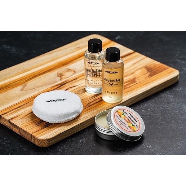 CLARK'S Juego de regalo para el cuidado de la tabla de cortar, jabón, aceite, cera y almohadilla de pulido. Enriquecido con aceites de naranja y limón. Tamaños pequeños para un gran impacto - Image 5