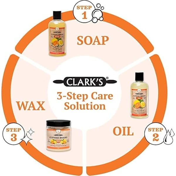 CLARK'S Juego de regalo para el cuidado de la tabla de cortar, jabón, aceite, cera y almohadilla de pulido. Enriquecido con aceites de naranja y limón. Tamaños pequeños para un gran impacto - Image 6