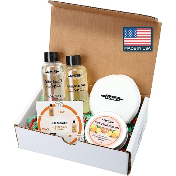 CLARK'S Juego de regalo para el cuidado de la tabla de cortar, jabón, aceite, cera y almohadilla de pulido. Enriquecido con aceites de naranja y limón. Tamaños pequeños para un gran impacto