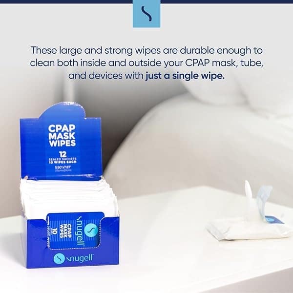 CPAP Mask Wipes 12 Travel Packs by Snugell| 12 Resealable Sachets with 10 Sheets Each| Unscented 100% Soft Cotton | Skin Safe with Aloe Vera| Fast & Easy Opening Sachets| Clean CPAP Mask and Devices| - Image 4