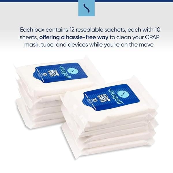 CPAP Mask Wipes 12 Travel Packs by Snugell| 12 Resealable Sachets with 10 Sheets Each| Unscented 100% Soft Cotton | Skin Safe with Aloe Vera| Fast & Easy Opening Sachets| Clean CPAP Mask and Devices| - Image 7