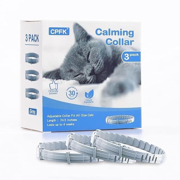 CPFK Collar calmante para gatos, paquete de 3 collares de feromona, calma, ansiedad, para gatos y gatitos, alivio del estrés, relajante, cómodo collar de diseño de rompimiento gris