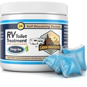 Cabin Obsession Tratamiento para inodoro RV, 24 paquetes de tratamiento de tanque negro autodisolvente de facil descarga para RV, elimina olores y descompone residuos dentro de tu tanque de retencion RV