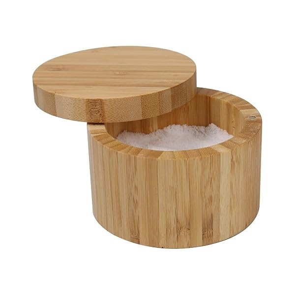 Caja de sal de bambú con tapa giratoria magnética, recipiente redondo de especias de 8 onzas, almacenamiento seguro y duradero y organización para condimentos, hierbas o artículos pequeños por HTB - Image 3