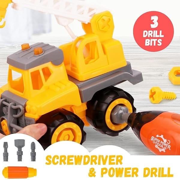 Camiones de construcción para niños de 3 a 5 años, juego de 3 vehículos, excavadora, grúa, camión volquete, juguete con destornillador y vástago de taladro, regalo educativo de cumpleaños para niños de 2, 3, 4 y 5 años - Image 4